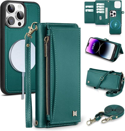 Wallet Case for iPhone 14 Pro Max with Card Holder/Crossbody Wallet/Strap| RFID Blocking | Magnetic | Kickstand | Detachable | PU Leather Phone Case for iPhone 14 Pro Max,6.7 in,Green