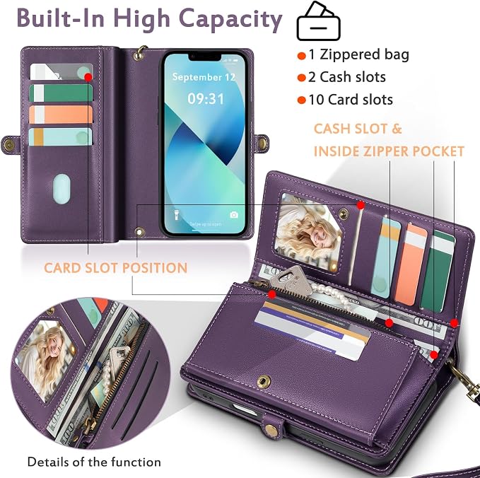 for Wallet Case Compatible with iPhone 13,Multi-Function Detachable 2 in 1 Magnetic iPhone 13 Case Wallet,Flip Strap Zipper Card Holder Phone Case with Shoulder Straps (Pruple)