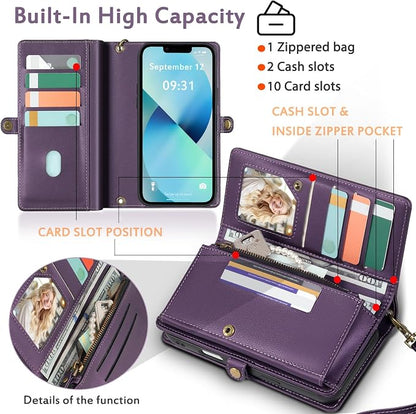 for Wallet Case Compatible with iPhone 13,Multi-Function Detachable 2 in 1 Magnetic iPhone 13 Case Wallet,Flip Strap Zipper Card Holder Phone Case with Shoulder Straps (Pruple)