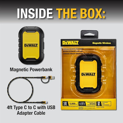 DEWALT Heavy Duty Magnetic Power Bank 5,000mAh, Rugged Wireless Portable Charger 18W Fast Charging Battery Pack, USB-C to C w/USB Adapter Cable 4' Water Resistant Works w/Magsafe iPhone 17/16/15/14