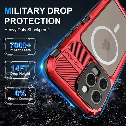WIFORT for iPhone 15 Pro Max Waterproof Case - Metal Shockproof Phone Case Built-in Screen Protector [IP68 Water Proof][14FT Military Grade ], Heavy Duty Full Body Drop Protection Cover, 6.7" Red