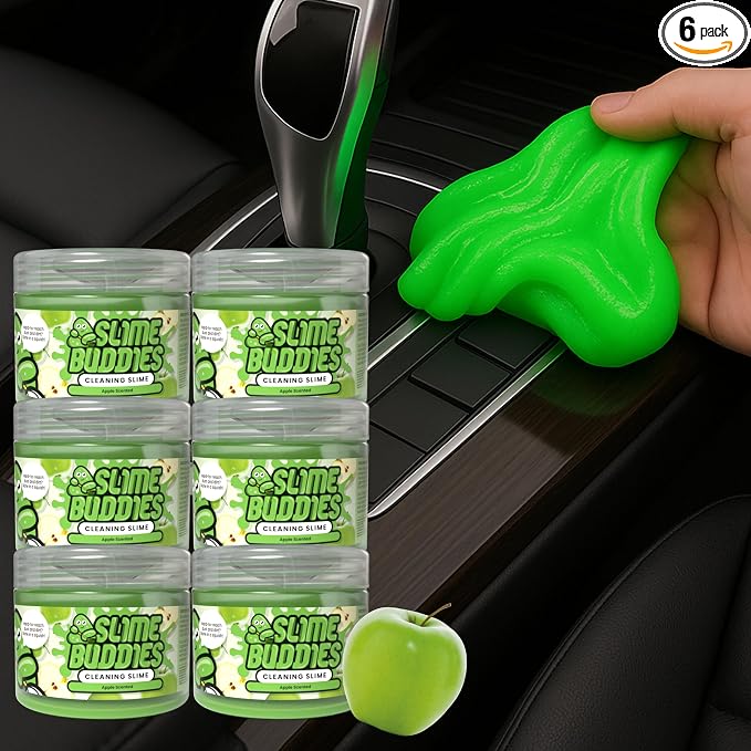 Slime Buddies Car Cleaning Gel Putty - 6 Pack Apple Scented Interior Detailing Tool for Cup Holder, Air Vent & Keyboard - Reusable Auto Detailing Accessories - Dust Remover Goop - Gifts for Men Women