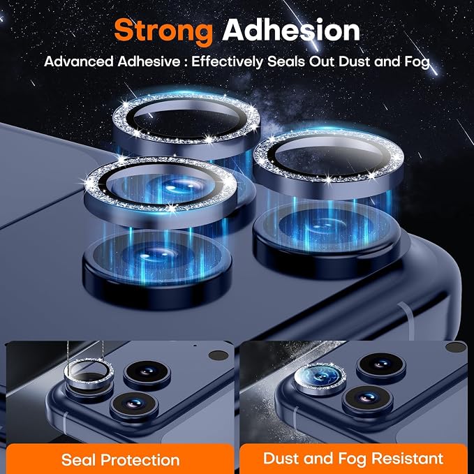Camera Lens Protector for iPhone 17 Pro Max/17 Pro/16 Pro Max/16 Pro/15 Pro Max/15 Pro/14 Pro Max/14 Pro,Tempered Glass Metal Individual Camera Cover[Anti-drop]Case Friendly- Glitter Deep Blue