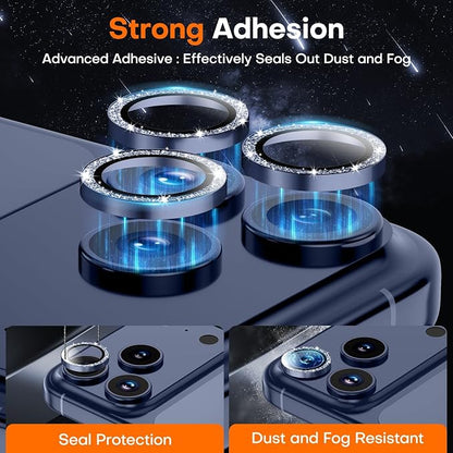 Camera Lens Protector for iPhone 17 Pro Max/17 Pro/16 Pro Max/16 Pro/15 Pro Max/15 Pro/14 Pro Max/14 Pro,Tempered Glass Metal Individual Camera Cover[Anti-drop]Case Friendly- Glitter Deep Blue