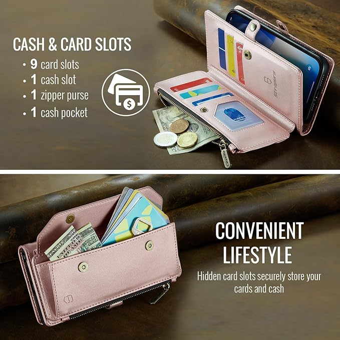 Strapurs Wallet Case Compatible with iPhone 17 Pro 6.3" RFID Blocking 9-Card Holder Soft PU Leather Magnetic Snap Shoulder Strap Zipper Pocket Phone Case Fit for iPhone 17 Pro for Women - Rose Gold