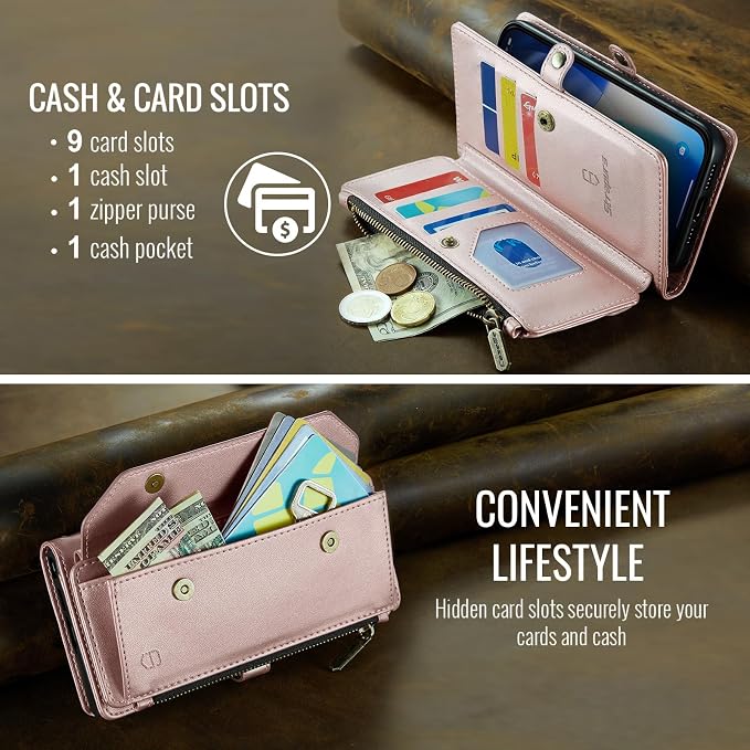 Strapurs Wallet Case Compatible with iPhone 17 6.3" RFID Blocking 9-Card Holder Soft PU Leather Magnetic Snap Shoulder Strap Zipper Pocket Phone Case Fit for iPhone 17 for Women - Rose Gold
