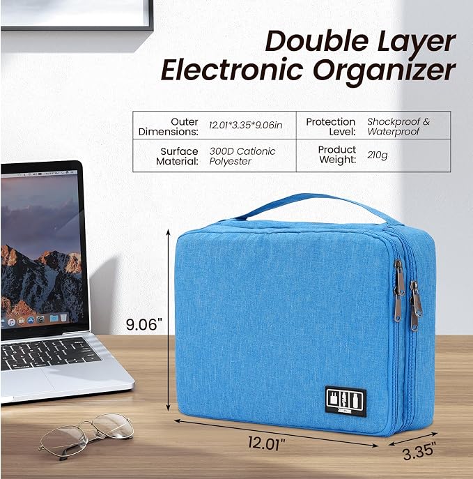 Large Electronic Organizer Travel Case, Double Layer Tech Pouch with Adjustable Dividers, Cable Organizer Bag for Charger, Power Bank, Hard Drive, Camera Gear and Travel Accessories