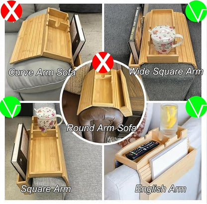 Bamboo Couch Cup Holder Tray, Couch Armrest Table with Side Storage Pocket and Phone Holder, Non-Slip Couch Caddy Tray for Drinks, Snacks, Remote and Phone