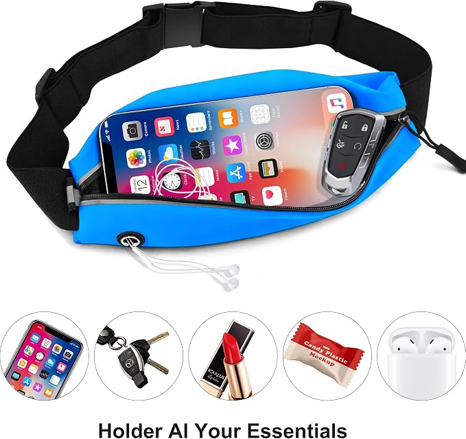 Slim Running Belt For Men and Women Waist Fanny Pack Phone Holder Pouch Bag Reflective Zipper Pocket Workout Cycling Fitness Bright Blue
