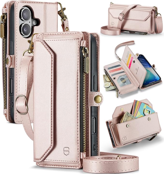 Strapurs Wallet Case Compatible with iPhone 17 6.3" RFID Blocking 9-Card Holder Soft PU Leather Magnetic Snap Shoulder Strap Zipper Pocket Phone Case Fit for iPhone 17 for Women - Rose Gold