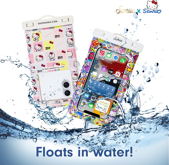 Sonix x Sanrio Waterproof Phone Pouch - Floating Phone Case Dry Bag w/Crossbody Lanyard - Beach Cruise Travel Essentials - Compatible w/All Devices, Touchscreen Friendly | Hello Kitty Stickers