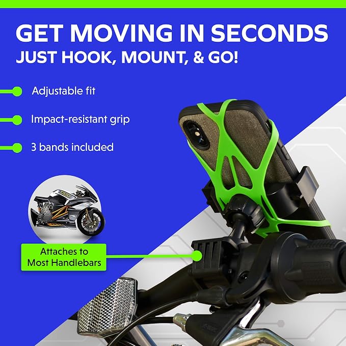 Bike & Motorcycle Phone Mount - GPS Cell Phone Holder for Bicycle Handlebar - Easy to Install Bike Accessories Fits iPhone, Galaxy, Android - Stocking Stuffers - 3 Bands (Black, Red, Green)