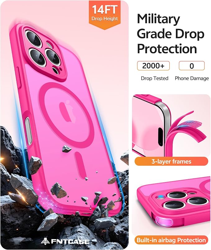 FNTCASE for iPhone 16 Pro Max Case: [Compatible with Magsafe] Translucent Matte Cases with [Full Camera Protection] [Screen Protector] Military Grade Shockproof Protective Phone Cover - Hot Pink