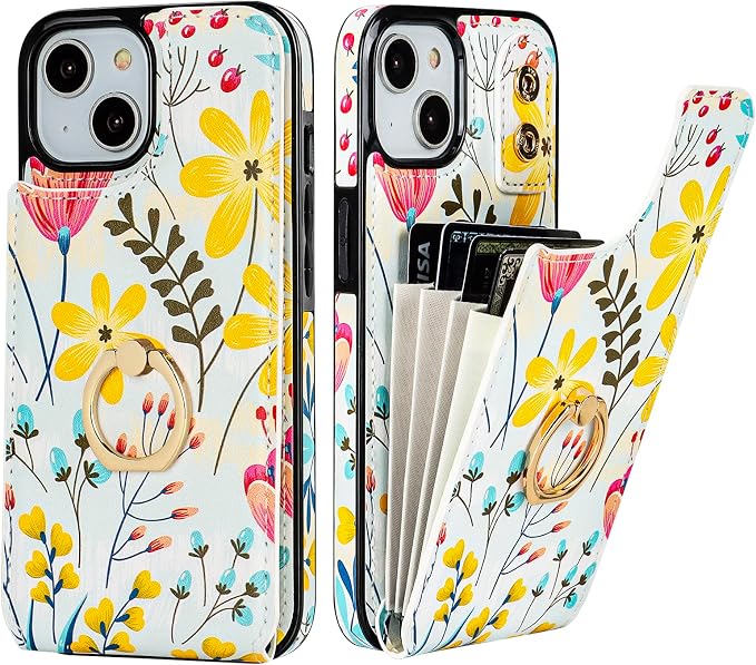 HAOPINSH for iPhone 13/ iPhone 14 Wallet Case with Card Holder, 360°Rotation Ring Kickstand, Floral Flower Pattern, RFID Blocking Leather for Girls Women, Double Buttons Flip Protective Cover 6.1"
