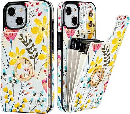 HAOPINSH for iPhone 13/ iPhone 14 Wallet Case with Card Holder, 360°Rotation Ring Kickstand, Floral Flower Pattern, RFID Blocking Leather for Girls Women, Double Buttons Flip Protective Cover 6.1"