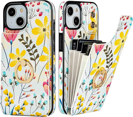 HAOPINSH for iPhone 13/ iPhone 14 Wallet Case with Card Holder, 360°Rotation Ring Kickstand, Floral Flower Pattern, RFID Blocking Leather for Girls Women, Double Buttons Flip Protective Cover 6.1"