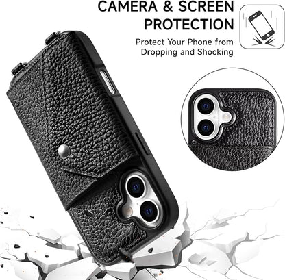 LUCKYCOIN for iPhone 17 Crossbody Wallet Case – Genuine Leather Phone Purse with Adjustable Strap and Card Holder,Lanyard Phone Purse Case for Women,Pebble Grain Black