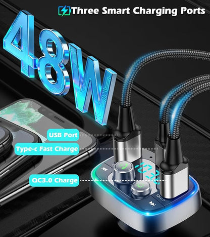 LIHAN USB C Bluetooth 5.4 Car Adapter, Wireless Upgrade Audio System for Non-Bluetooth Vehicles, FM Radio Transmitter, 48W Fast Charging, Stable Hands-Free Calling, MP3 Music Player, Support USB/TF