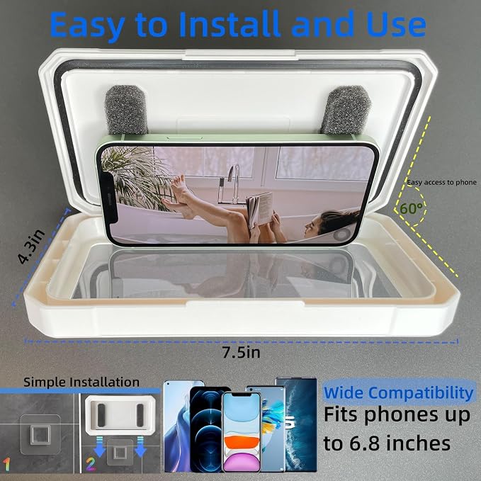 Shower Phone Holder Waterproof,480° Rotation Adjustable Wall Mount Shower Phone Case with Anti-Fog Touch Screen for Bathroom Tub Kitchen Mirror,Up to 6.8 in (White)