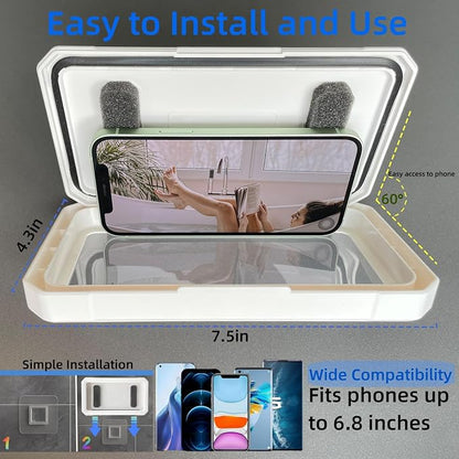 Shower Phone Holder Waterproof,480° Rotation Adjustable Wall Mount Shower Phone Case with Anti-Fog Touch Screen for Bathroom Tub Kitchen Mirror,Up to 6.8 in (White)
