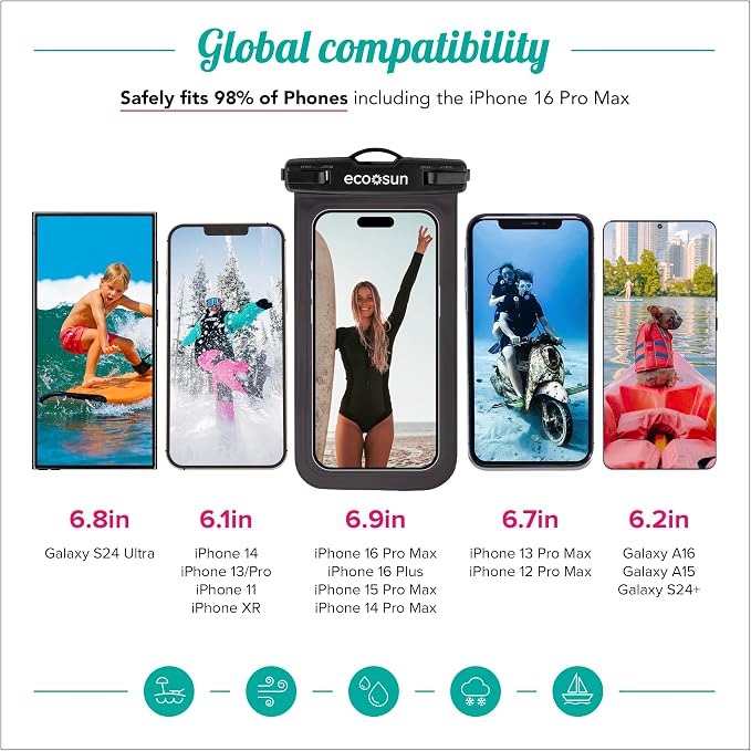 Eco Sun Waterproof Phone Pouch (2-Pack) — Designed in Hawaii — Case Fits All iPhones (incl. 17 Pro Max), Samsung Galaxy S24 & More (Black/Black)