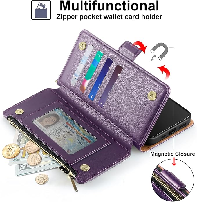 Antsturdy Compatible with iPhone 16 Plus Wallet Case,RFID Blocking PU Leather Phone Case Women Men Kickstand flip Cover Wrist Strap Zipper Credit Card Holder Slots for Apple 16 Plus 6.7",Purple