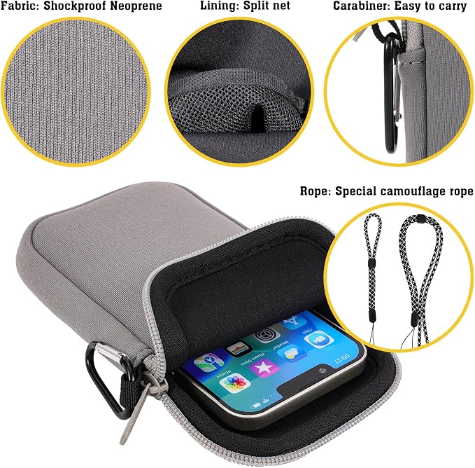 Pwsap Phone Sock, Universal Shock & Impact Resistant Neoprene Pouch with Carabiner and Lanyard Strap Sleeve Case for Hiking & Travelling Phone Bag Fits Phones up to 7 Inches, Light Gray, M