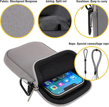Pwsap Phone Sock, Universal Shock & Impact Resistant Neoprene Pouch with Carabiner and Lanyard Strap Sleeve Case for Hiking & Travelling Phone Bag Fits Phones up to 7 Inches, Light Gray, M