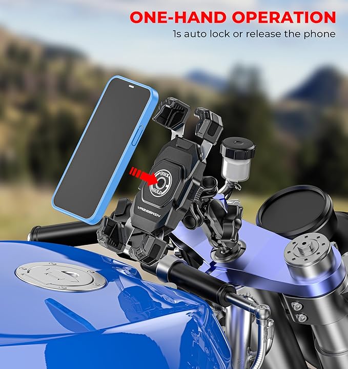 VAZESWIN Motorcycle Fork Stem Phone Mount with Vibration Dampener, Motorcycle Cell Phone Holder with Aluminum Alloy Anti-Theft Short Arm, Fit 12mm to 25.4mm Diameter Stem Tubes, for 5.5"-7.2" Phones