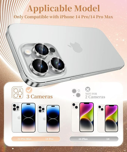 GolbinBox Camera Lens Protector for iPhone 14 Pro/14 Pro Max, 1:1 Invisible Fit, 9H Tempered Glass Ultra HD Metal Individual Camera Cover for Women, Case Friendly, Bling/Silver