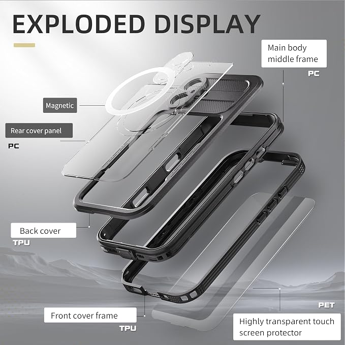Omio Designed for iPhone 16 Waterproof Case Compatible with MagSafe, Magnetic Waterproof Full Body IP68 Underwater Case Built-in Screen Protector Military Grade Shockproof Case for Men Women Black