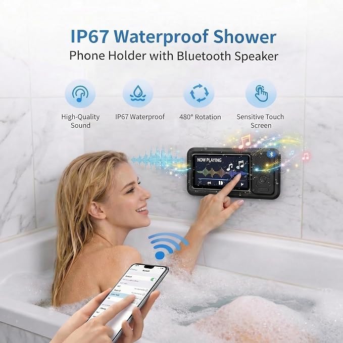 Shower Phone Holder Waterproof with Bluetooth Speaker | 2026 New IPX6 Anti-Fog, 480° Rotatable | Bathroom Case with Speaker Holes | Fits 4-7" Cell Phones & iPhone | Bathroom Wall Mirror