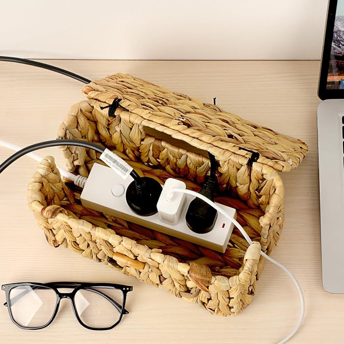 BTSKY Woven Cable Management Box with Lid, Water Hyacinth Cord Organizer for Desk, Cable Organizer Box with 2-Open Slots to Hide Power Strips USB Hubs for Home & Office, Pet Proofing Cord Basket, S