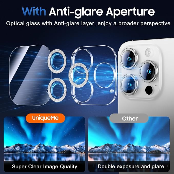 UniqueMe for 3 Pack iPhone 15 Pro/iPhone 15 Pro Max Camera Lens Protector, [Drop Protection] [Case Friendly] 9H Tempered Glass Camera Cover Screen [Update New Version] - Glitter Silver