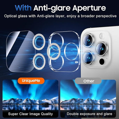 UniqueMe for 3 Pack iPhone 15 Pro/iPhone 15 Pro Max Camera Lens Protector, [Drop Protection] [Case Friendly] 9H Tempered Glass Camera Cover Screen [Update New Version] - Glitter Silver