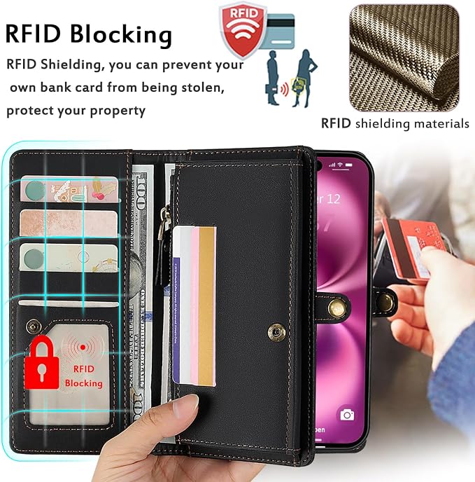 for Wallet Case Compatible with iPhone 16 Plus,Multi-Function Detachable 2 in 1 Magnetic iPhone 16 Plus Case Wallet,Flip Strap Zipper Card Holder Phone Case with Shoulder Straps (Black)