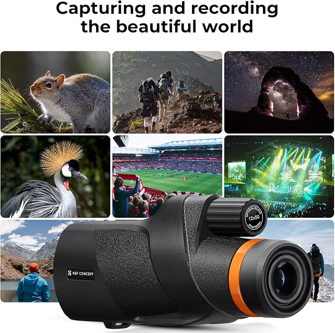 K&F Concept® IP68 10 Meters Waterproof 12X50 Monocular Telescope with Cleaning Cloth, Scope BAK-4 Prism FMC for Stargazing, Birdwatching, Hunting, Camping, Traveling, HD Monocular for Adults