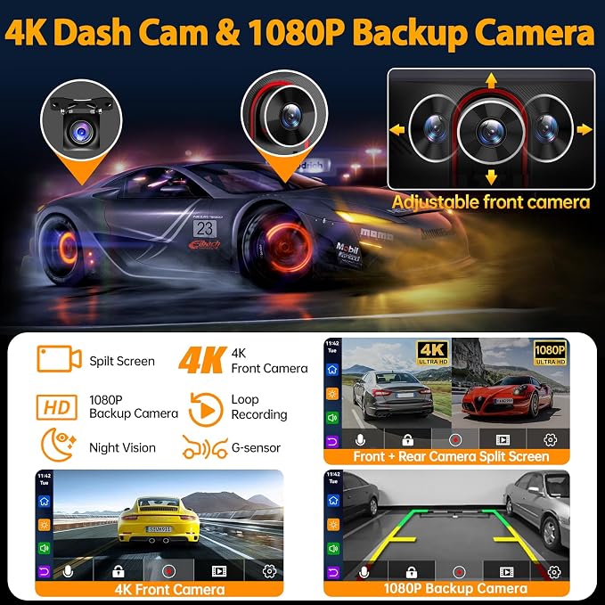 9 inch Carplay Screen for Wireless Apple Carplay & Android Auto, Car Tablet with 4K Dash Cam, 1080P Backup Camera, Bluetooth, Navigation, Mirror Link, Voice Control Car Play Screen