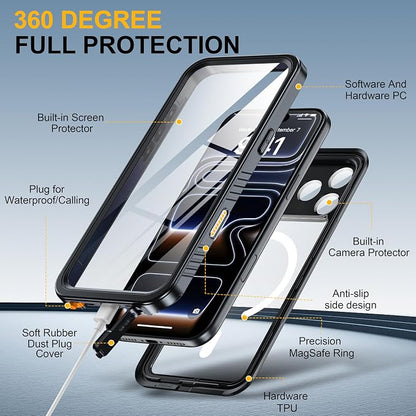 ANTSHARE for iPhone 17 Pro Max Case, Compatible with Magsafe, IP68 Waterproof Case, [Built-in Screen Protector] - 12 FT Military Dropproof - Full Body Heavy Duty Rugged Phone Cover - Black/Clear