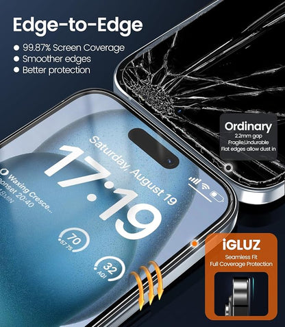 iGluz 4+2 Pack for iPhone 15 Privacy Screen Protector with Camera Lens Protector 6.1 inch,9H+Tempered Glass[12FT Military Grade Shatterproof &100% Anti-Spy],3D Micro-Curved Edges[Longest Durable]
