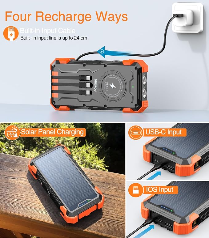 Solar Charger Power Bank, 42800mAh Wireless Portable Charger with USB-C in/Output, QC3.0 Fast Charging 15W 4 Ports Outdoor Battery Pack Built-in LED Flashlight, for iPhone, Galaxy, iPad etc