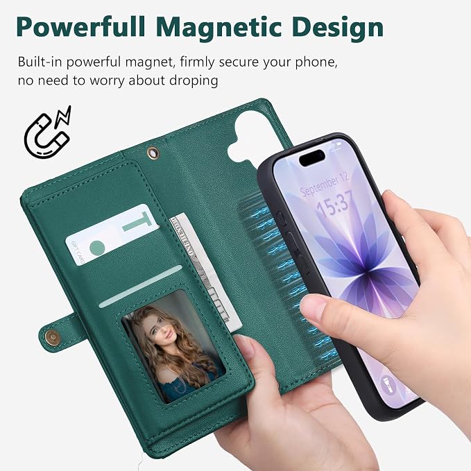 Wallet Case for iPhone 17 with Card Holder/Crossbody Wallet/Strap,[RFID Blocking][Magnetic] PU Leather Phone Case for iPhone 17,6.3 in,Green