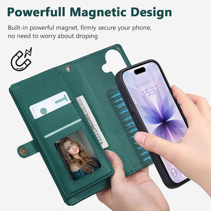 Wallet Case for iPhone 17 with Card Holder/Crossbody Wallet/Strap,[RFID Blocking][Magnetic] PU Leather Phone Case for iPhone 17,6.3 in,Green