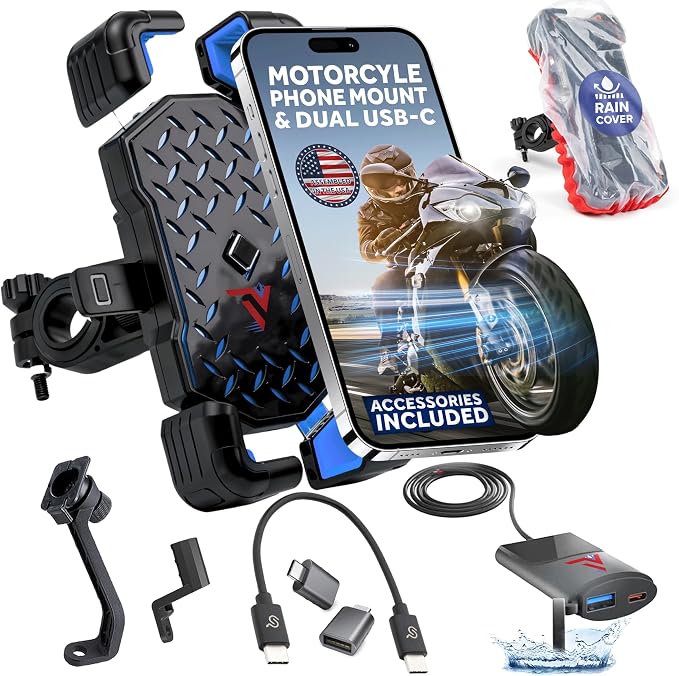 Motorcycle Phone Mount with USB Charger (3.25–7") – Waterproof Cell Phone Holder for Motorcycle, ATV, Snowmobile – 12V Dual USB-C Fast Charging – Includes Mirror Mount & Rain Cover