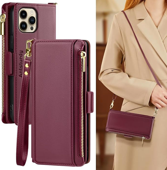 Antsturdy Compatible with iPhone 12 Wallet Case for Women【RFID Blocking】 Crossbody Phone Case PU Leather Zipper with Wrist Strap Flip Cover Credit Card Holder,for Apple 12 Pro 6.1",Wine Red