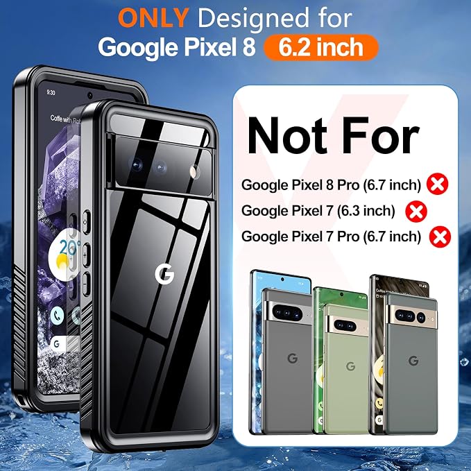 Hualele Pixel 8 Waterproof Case IP68 Underwater Case with Built-in Screen and Lens Protector, Rugged Full Body Sealed Heavy Duty Shockproof Case for Google Pixel 8 Black/Clear