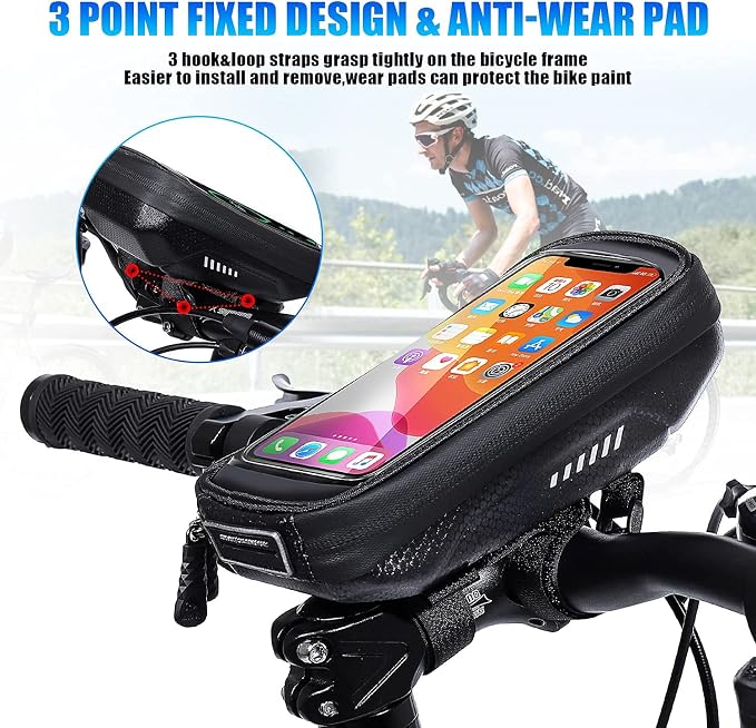 HUANLANG Bike Phone Mount Bag Bike Front Frame Top Tube Handlebar Bags Waterproof Bicycle Cell Phone Mount Case with Touch Screen Phone Holder for Bike Bag Shockproof,Bike Pouch for Phone Below 6.7"