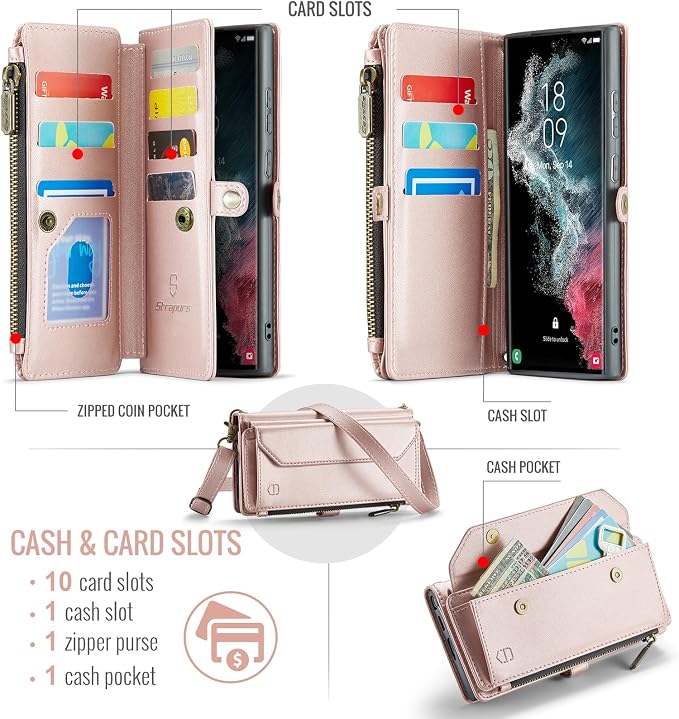 Strapurs Crossbody Wallet Case Compatible with Samsung Galaxy S22 Ultra 5G RFID Blocking 10-Card Holder Soft PU Leather Magnetic Snap Strap Zipper Pocket Phone Case Fit for Galaxy S22 Ultra - RoseGold