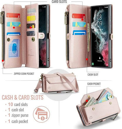 Strapurs Crossbody Wallet Case Compatible with Samsung Galaxy S22 Ultra 5G RFID Blocking 10-Card Holder Soft PU Leather Magnetic Snap Strap Zipper Pocket Phone Case Fit for Galaxy S22 Ultra - RoseGold