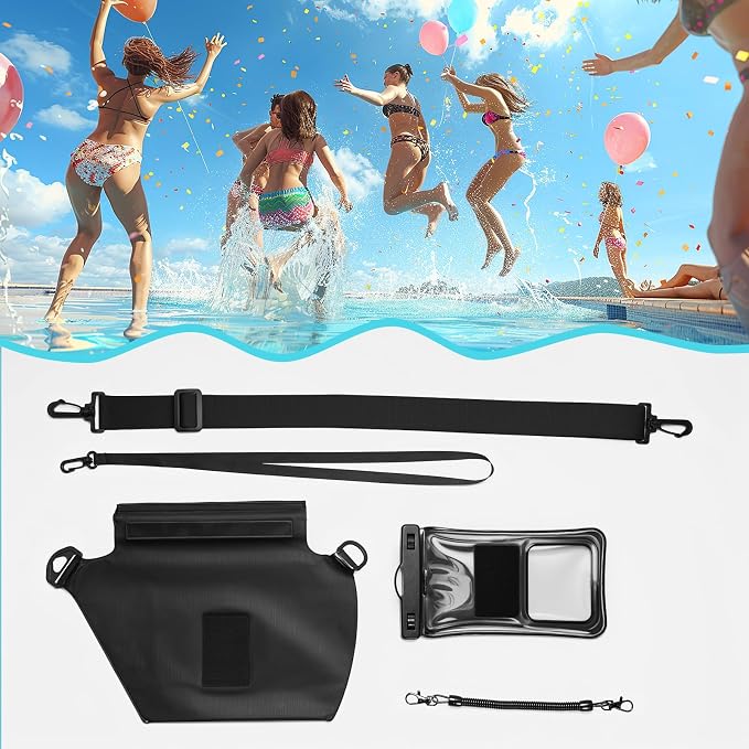 Waterproof Phone Pouch 8.3" & Fanny Pack, Waterproof Phone Case Detachable Lanyard Spring Rope for iPhone 16 15 14 13 Pro Max, IPX8 Cellphone Dry Bag Beach Cruise Ship Essentials Black